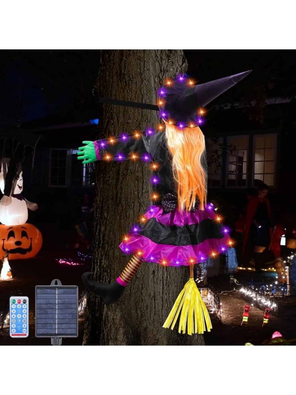Solar Halloween Decorations for Outdoors - Spooky Witch in Orange & Purple